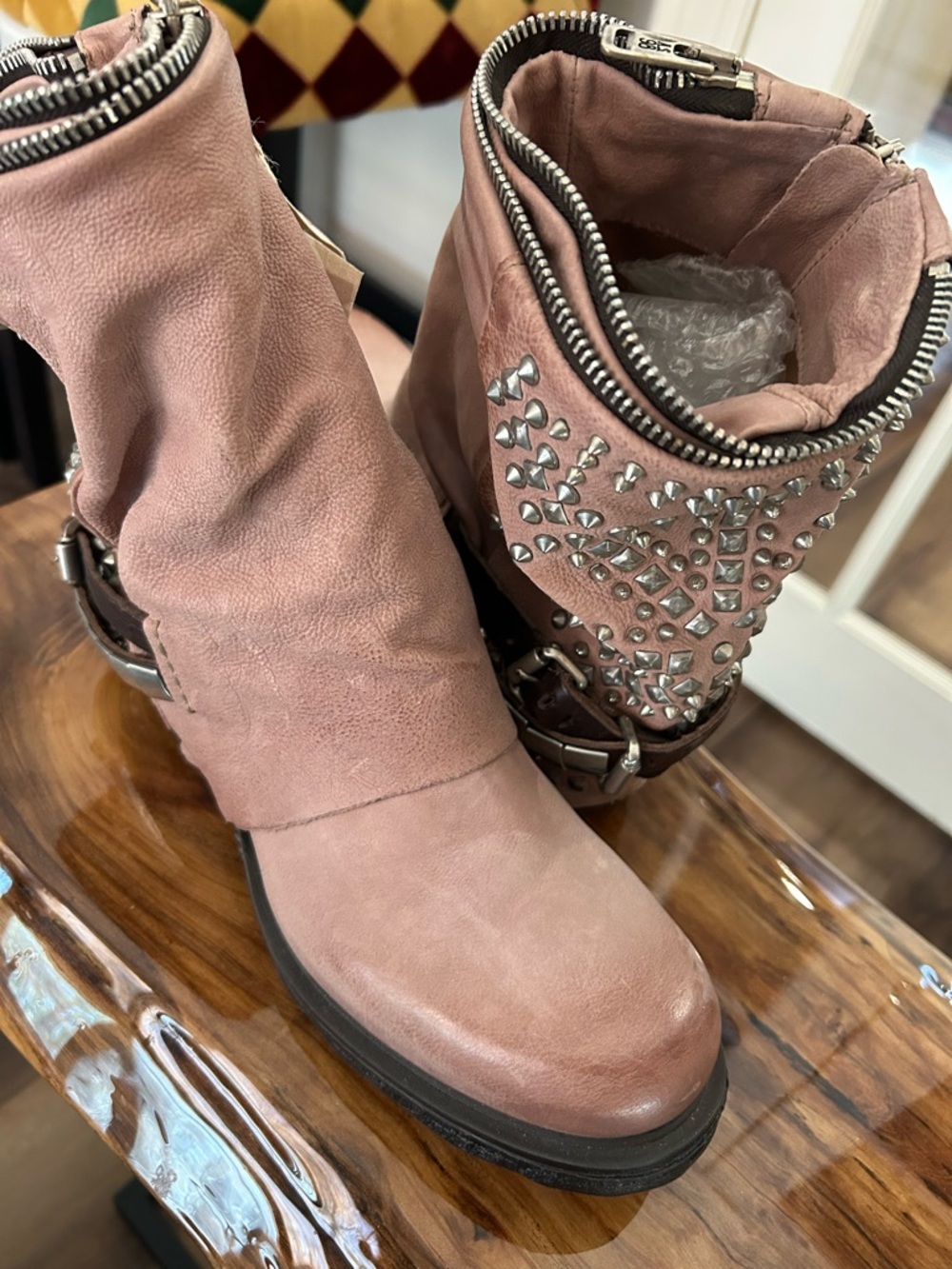 Studded Blush Leather Ankle Boots - Women